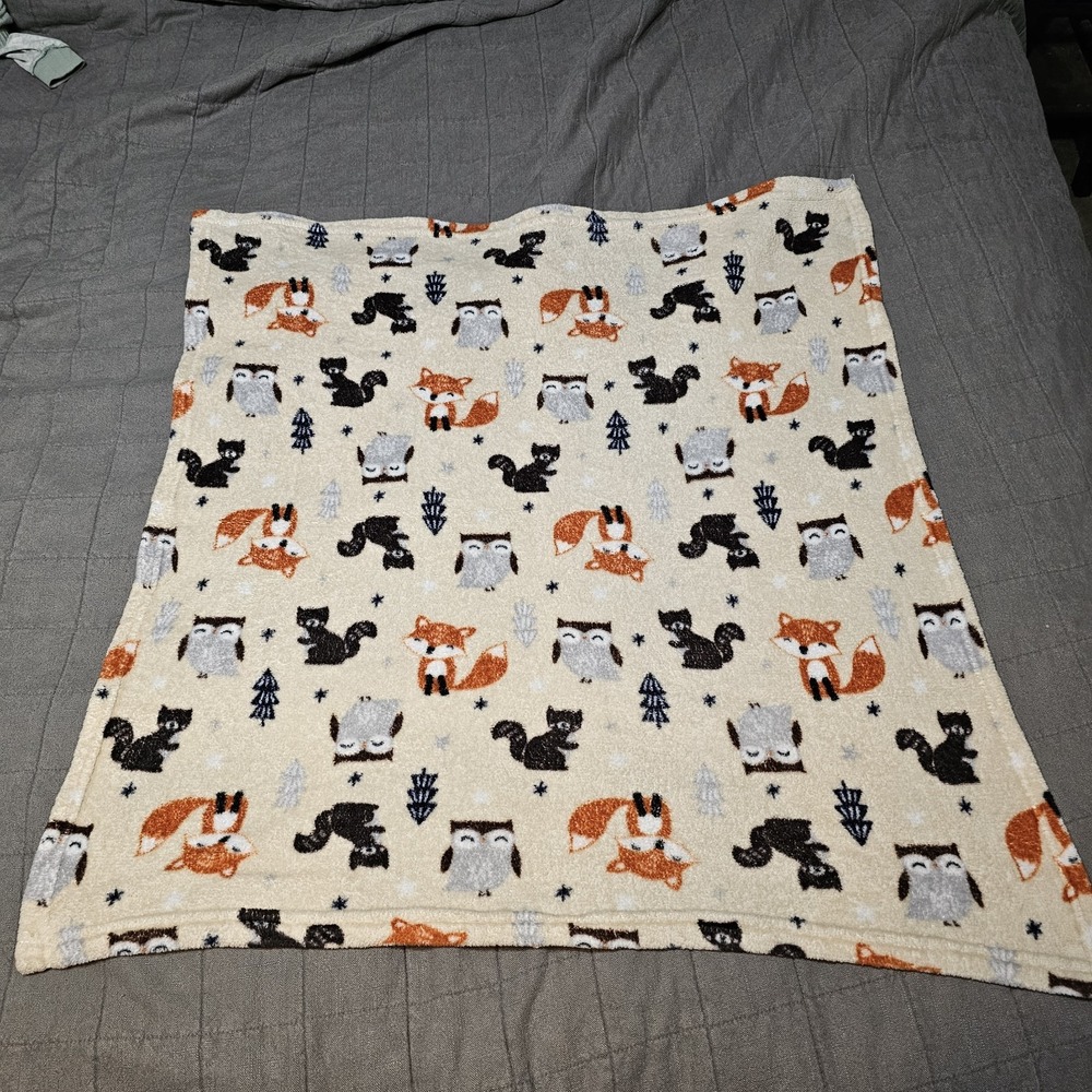 Parents Choice Beige Woodland Animals Fox Squirrel Owl Plush Baby Blanket 30x36"